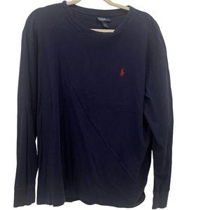 POLO RALPH LAUREN Men’s BLUE Crew Neck Long Sleeve Cotton Shirt Red Logo LARGE